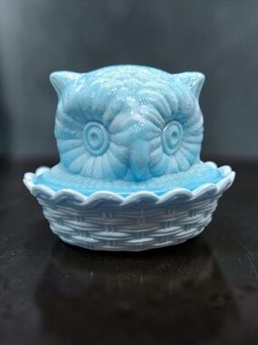 Vintage Westmoreland Blue Marble Slag Glass Owl On Nest Lidded Dish Rare No Chip